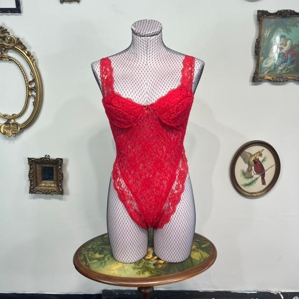 Vintage Red Lace Bodysuit Teddy – Romantic Sheer Floral Lingerie